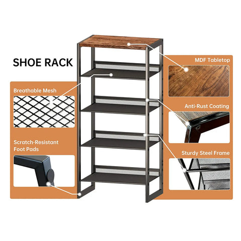 Sturdy 5 Tier Metal Shoe Rack Workhorse With Rust Proof Coating, Steel Frame, MDF Top, Adjustable Flat Or Inclined Shelves