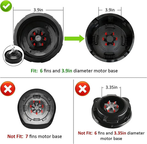 Diagram showing compatible 3.9in Six Fin Male Blade For High Power Blender Replacement Fits 18 Oz 24 Oz 32 Oz Cups Works With Auto IQ 900W 1000W Models And Nutri Ninja Style Blenders Premium Stainless Steel Upgrade Part, and incompatible bases.