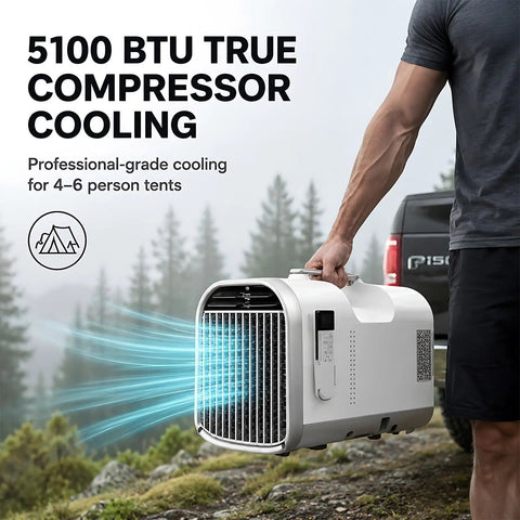 Hella Cold Blast 5100 BTU Portable Air Conditioner For Glamping And Overland Adventures Instant Chill Mode with cooling airflow.