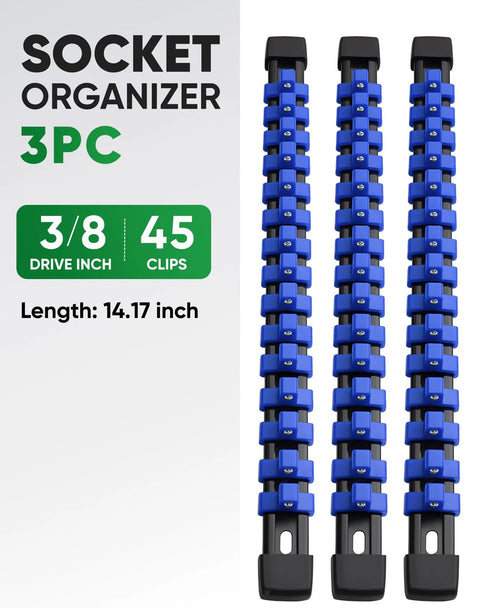 Heavy Duty 3 Piece ABS Socket Organizer With Spring Locked Storage Rails Designed To Grip 3/8 Inch Drive Sockets Firm Through Rough Jobs And Long Garage Shifts While Withstanding Daily Workshop Abuse And Impact