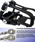 Dual Sided SPD Clipless Pedals With Toe Clip Straps For Indoor Cycling Three In One System For Peloton Spin Bikes Universal Nine Sixteenth Inch Axle Fit Aluminum CNC Body With Sealed Bearings And Quick Release Clips, showing pedal design and bearing layout