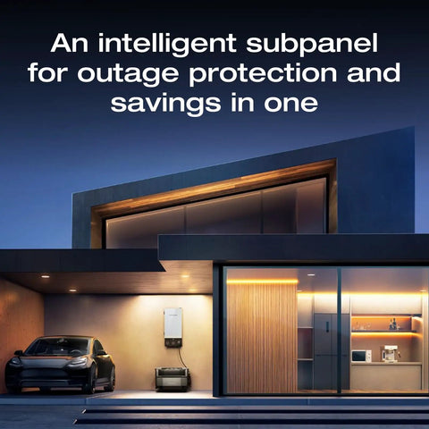 Modern home with Smart Home Panel 2 Center Of Your Whole Home Backup System connected to garage wall.