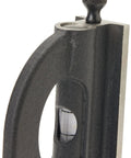 Close-up of the cast iron square head and spirit level of 12 Inch Steel Combination Square With Square Head, Cast Iron Construction, Reversible Lock Bolt, Scriber And Spirit Level, 4R Graduation With 8ths, 16ths, 32nds, And 64ths For Fast, Precise Measurements.