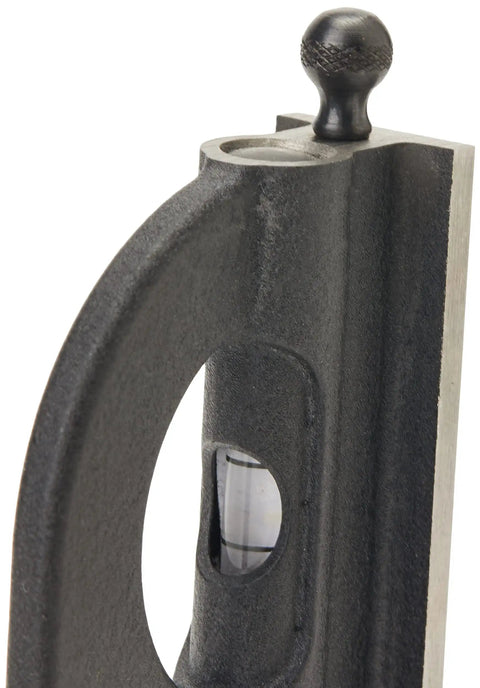 Close-up of the cast iron square head and spirit level of 12 Inch Steel Combination Square With Square Head, Cast Iron Construction, Reversible Lock Bolt, Scriber And Spirit Level, 4R Graduation With 8ths, 16ths, 32nds, And 64ths For Fast, Precise Measurements.