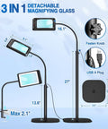 Diagram of Massive 7 Inch Floor Magnifier Lamp with Light and Stand Flexible Gooseneck 10X to 30X magnification, USB and knob details