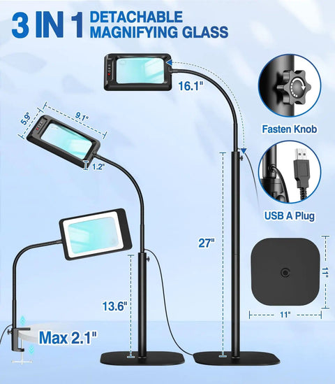 Diagram of Massive 7 Inch Floor Magnifier Lamp with Light and Stand Flexible Gooseneck 10X to 30X magnification, USB and knob details