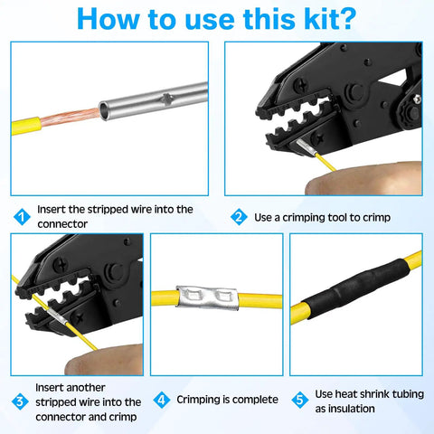 Steps for using All In One Wiring Repair Kit With 380 Pcs Non Insulated Butt Connectors And 400 Pcs Heat Shrink Tubing Include Durable Crimping Tool For 26 To 6 Gauge Wiring Adhesive Lined 3 To 1 Ratio For Auto Boat And Home Projects