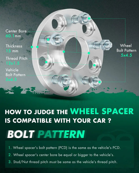 Diagram of Two 15mm Wheel Spacers 5x4.5 Bolt Pattern 60.1mm Bore With 12x1.5 Studs 5 Lug Adapters for Toyota cars