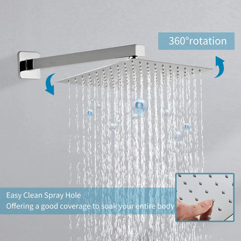 8 Inch Rain Shower Head And Handheld Dual Shower System With Wall Mount High Pressure Rainfall Experience Luxury Brushed Silver Shower Faucet With Valve And Trim No Fuss Install Shower Mixer Set, showing chrome rain shower head with water flow and easy clean spray holes.