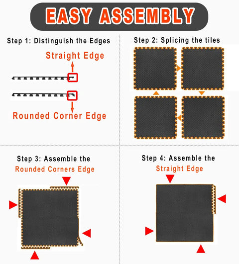 Interlocking EVA Foam Gym Mats Set With 20 Puzzle Tiles showing assembly steps with straight and rounded corner edges