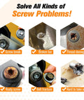 Diagram showing various screw problems solved by the Damaged Screw Extractor Set For Pros And DIYers 22 Pc Easy Out Stripped Screw Remover Kit