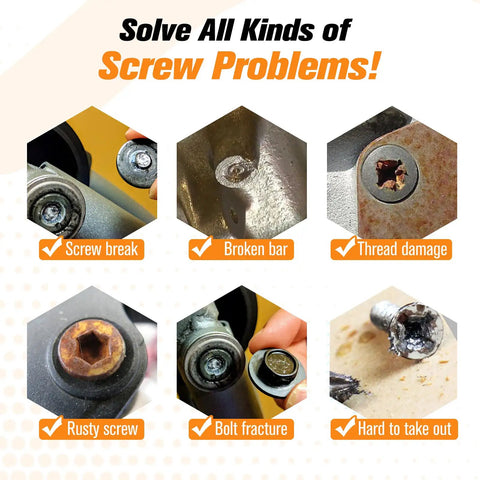 Diagram showing various screw problems solved by the Damaged Screw Extractor Set For Pros And DIYers 22 Pc Easy Out Stripped Screw Remover Kit