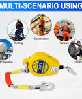 Self Retracting Lifeline Fall Arrestor 23 Foot Double Locking Cable With Aviation Grade Steel Wire No Tangle Trouble Heavy Duty Polypropylene Shell For Roofing Pros displayed with use scenarios like roofing, construction, and climbing.