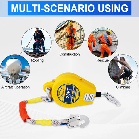 Self Retracting Lifeline Fall Arrestor 23 Foot Double Locking Cable With Aviation Grade Steel Wire No Tangle Trouble Heavy Duty Polypropylene Shell For Roofing Pros displayed with use scenarios like roofing, construction, and climbing.