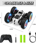 Rad Remote Control Stunt Car For Kids With 360 Spin And Flips 4WD RC Truck featuring LED lights, controller, and USB-C charging