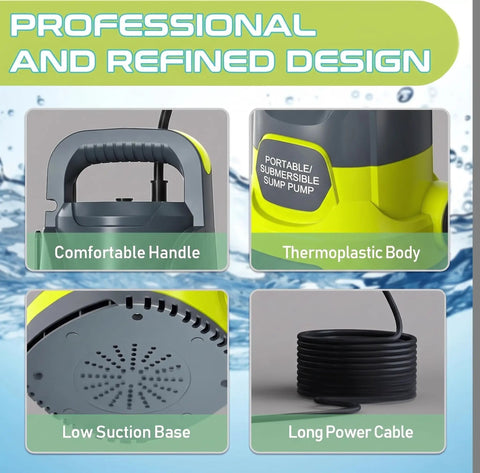 Professional design details of Heavy Duty Submersible Sump Pump Built Tough As Nails with thermoplastic body and comfortable handle.