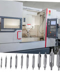 12-piece high-speed steel center drill bit set for metal and wood, 60° chamfering, shown in front of a CNC milling machine.