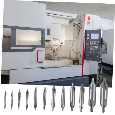 12-piece high-speed steel center drill bit set for metal and wood, 60° chamfering, shown in front of a CNC milling machine.