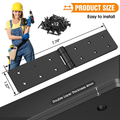 Heavy Duty Gate Hinges 270 Degree Adjustable For Wood Fence And Barn Door With Screws Two Pack Double Layer Folding Butt Hinges Kit Built From Heavy Duty Steel For Superior Weather Resistant Durability And No Sag Support, shown with worker and screws.