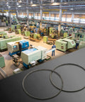 Two Pack 5M375 Lathe Drive Belt For WM210V Mini Lathe With 38mm Bore, shown in a manufacturing setting.