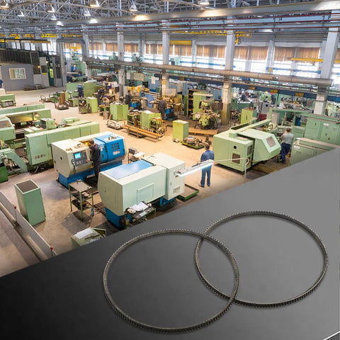 Two Pack 5M375 Lathe Drive Belt For WM210V Mini Lathe With 38mm Bore, shown in a manufacturing setting.