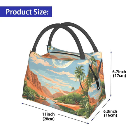 Desert Palm Tree Print Insulated Lunch Bag For Women And Men, Reusable Leakproof Cooler Tote with dimensions displayed