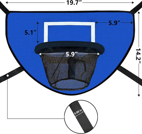 Dimensions and close-up view of Blue Trampoline Basketball Hoop With Pump And Mini Ball For All Ages, Adjustable Fit On Any Trampoline.