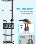 Assembly view of Free Standing Toilet Paper Holder With Shelf In Black Finish Floral Pattern Holds Three Jumbo Mega Rolls