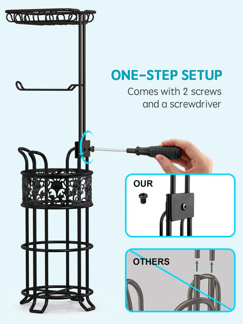 Assembly view of Free Standing Toilet Paper Holder With Shelf In Black Finish Floral Pattern Holds Three Jumbo Mega Rolls