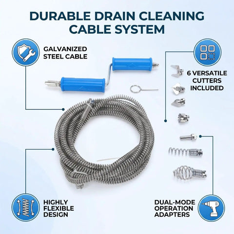 Tough Galvanized Drain Auger Cable With Six Heavy Cutter Blades For Blasting Kitchen Sink And Bathroom Pipe Clogs Fast Without Breaking A Sweat On Any Mess features durable galvanized steel, flexible design, and versatile cutters.