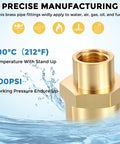 Two Pack Brass Pipe Fittings 1/2 NPT Female To 1/4 NPT Female Coupler for leak repair shown with temperature and pressure specs