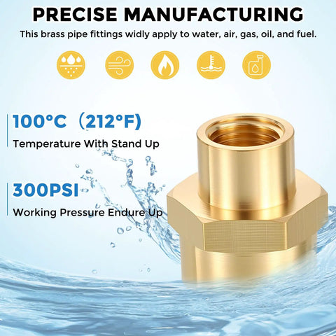 Two Pack Brass Pipe Fittings 1/2 NPT Female To 1/4 NPT Female Coupler for leak repair shown with temperature and pressure specs