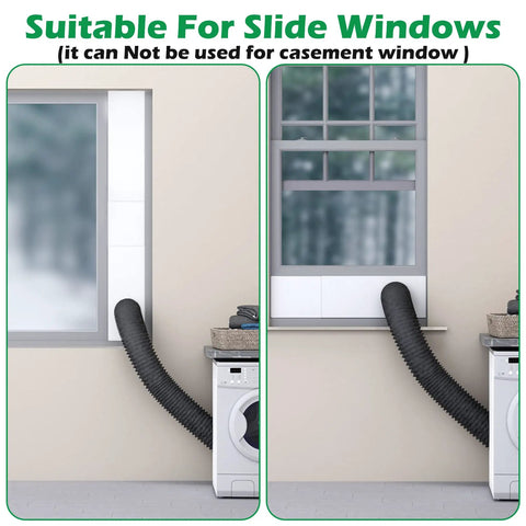 Easy Install 4 Inch Dryer Vent Window Kit with Adjustable Seal and Insulated Foam Strip for Sliding or Hung Windows Keeps Heat In and Moisture Out while Efficiently Venting Dryer Exhaust; shown installed in sliding and hung windows, vent connected to dryer.