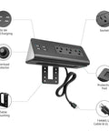 Totally Slick Two Pack Desk Edge Mount Power Strip With Four USB Ports And Three AC Outlets For Home Office Computer Setup Featuring Fast Smart Charging Tech And Reliable Surge Protection In Black, showing connection details.