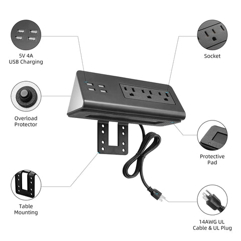 Totally Slick Two Pack Desk Edge Mount Power Strip With Four USB Ports And Three AC Outlets For Home Office Computer Setup Featuring Fast Smart Charging Tech And Reliable Surge Protection In Black, showing connection details.