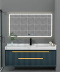 Modern bathroom with mirror and vanity featuring sleek white square vessel sink