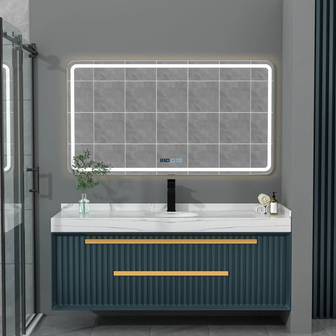 Modern bathroom with mirror and vanity featuring sleek white square vessel sink