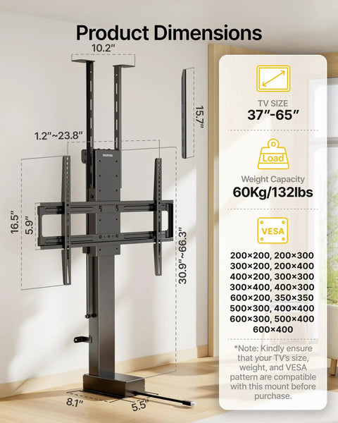 Motorized TV Lift And Slick Rise And Fall Mechanism For 37 To 65 Inch Sets With Concealed Ceiling Or Cabinet Mount For A Smooth Glide Operation That Keeps Your Flat Screen Hidden Away For Total Living Room Swagger