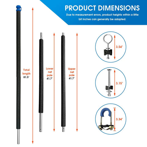 Heavy Duty Universal Trampoline Enclosure Poles Kit For Six Straight Tubes Fits 10 To 16 Foot Nets product dimensions with total lengths and pole sizes.