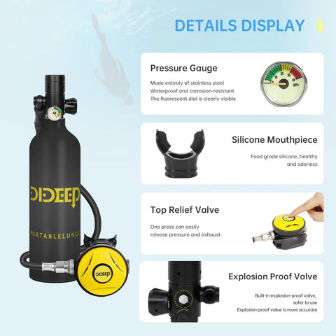 1L Mini Scuba Tank Portable Breathing System For Underwater Adventures Delivers About 15 To 20 Minutes Of Air Reusable Lung Tank With High Pressure Hand Pump For Emergency Rescue And Ocean Exploration Black details display with pressure gauge, silicone mouthpiece, top relief valve, and explosion proof valve.