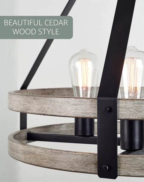 Close-up of Modern Farmhouse Pendant Chandelier showing 24 inch light cedar wood design with black finish and open cage.
