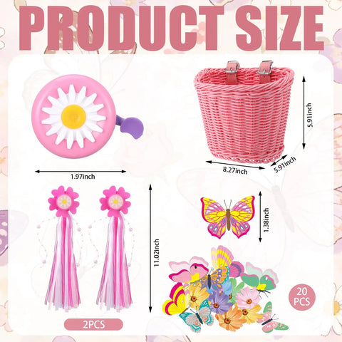 27 Piece Lil Pink Kids Bike Accessories Set For Girls Cute Flower Bell Handlebar Streamers Tassels Butterfly Decoration Wheel
