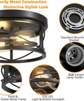 Industrial Flush Mount Ceiling Light Black 2 Light Metal Cage Farmhouse Ceiling Fixture For Kitchen Dining Room Porch Hallway Close To Ceiling Dope Rustic Vibe with E26 bulb details and metal frame.