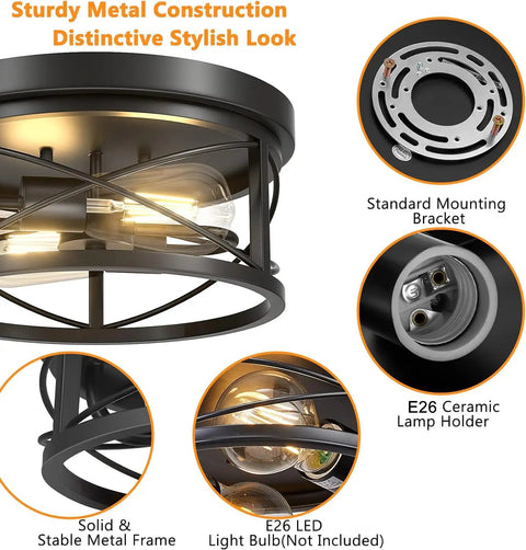 Industrial Flush Mount Ceiling Light Black 2 Light Metal Cage Farmhouse Ceiling Fixture For Kitchen Dining Room Porch Hallway Close To Ceiling Dope Rustic Vibe with E26 bulb details and metal frame.