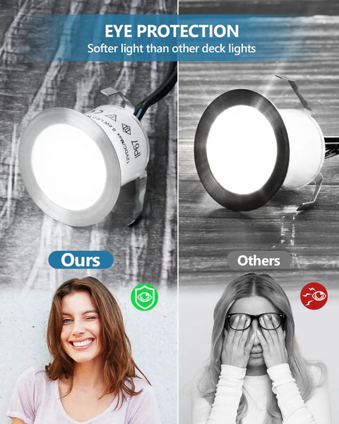 Comparison of 16 Pack Recessed LED Deck Light Kits 12V Low Voltage Outdoor Step Lights IP67 Waterproof with softer light feature