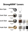 StrongARM Metal Toilet Tank Lever styles and finishes, including Wave, Classic, Faucet, and Simple, in various metal appearances.