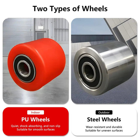 Beefy 4 Wheel Heavy Duty Machine Skate Dolly Set wheel options: red PU wheel for smooth surfaces and silver steel wheel for uneven surfaces.