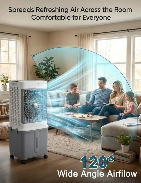 10 Gallon Swamp Cooler Evaporative Air Cooler Portable AC Unit for Room and Outdoor Spaces cooling a family in living room