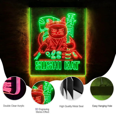 Sushi Cat Neon Sign Dope Neon Light For Sushi Bar And Restaurant Wall Decor Handmade Retro LED Cat Chef Sign Light Up Art For Home Or Cafe 12x16 Inches In Red And Green Safe Durable Glow.