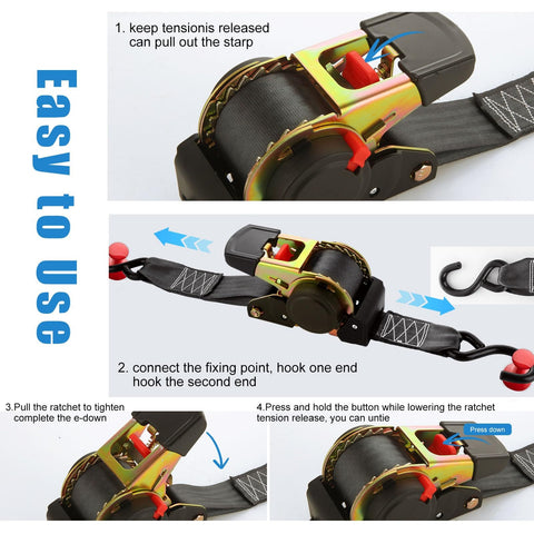 Two Pack 2 Inch Retractable Ratchet Straps With Storage Bag, Self Retracting Tie Down Straps 15 Ft, 3,300 Lb Break Strength